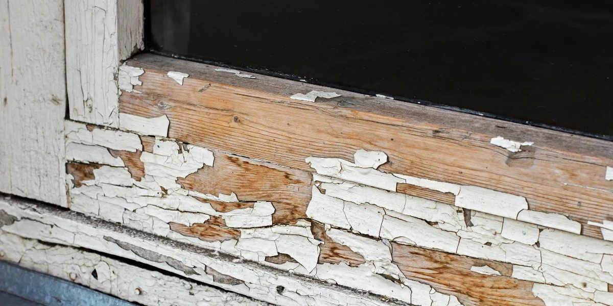 Bottom part of a wooden window frame, showing crack in the wood and peeling paint