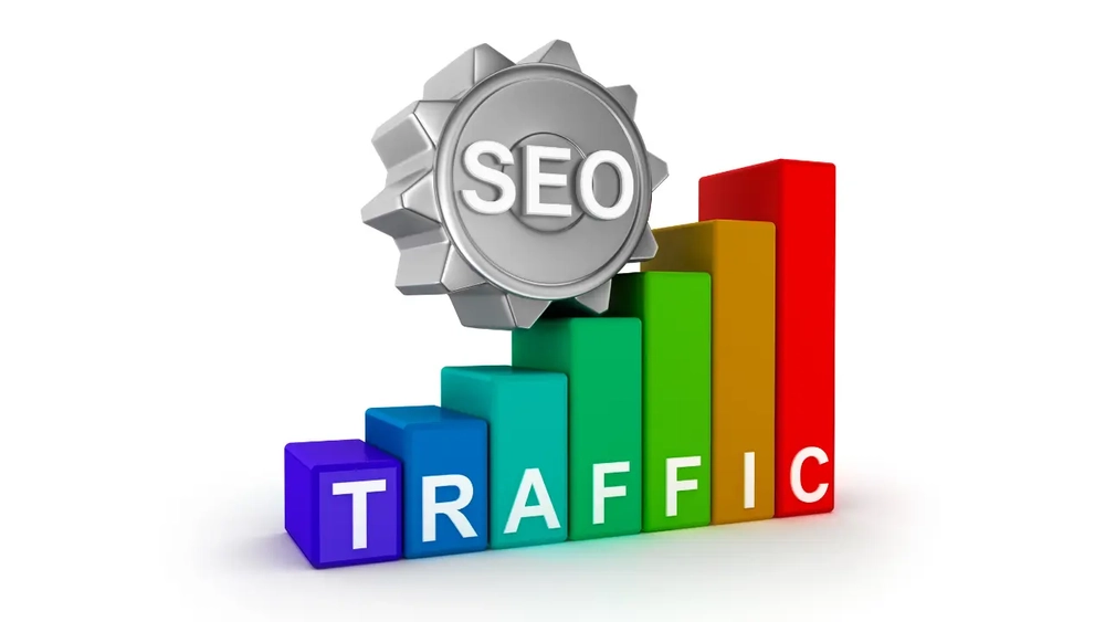 An image of SEO on top of a graph showing increasing traffic