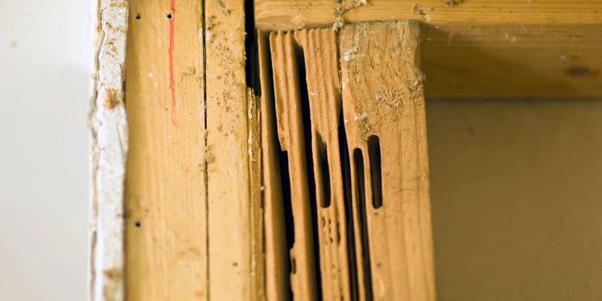 Carpenter ant damage to a wooden door frame