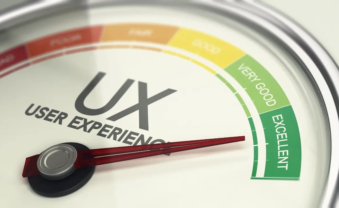 An image of a UX meter with the gauge pointing at the word 'Excellent.'