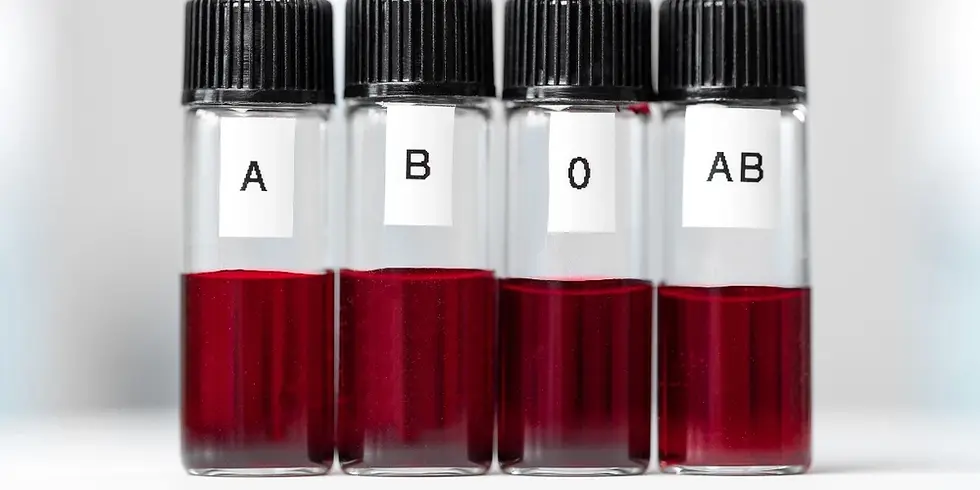 Four vials of blood with labels on each according to type