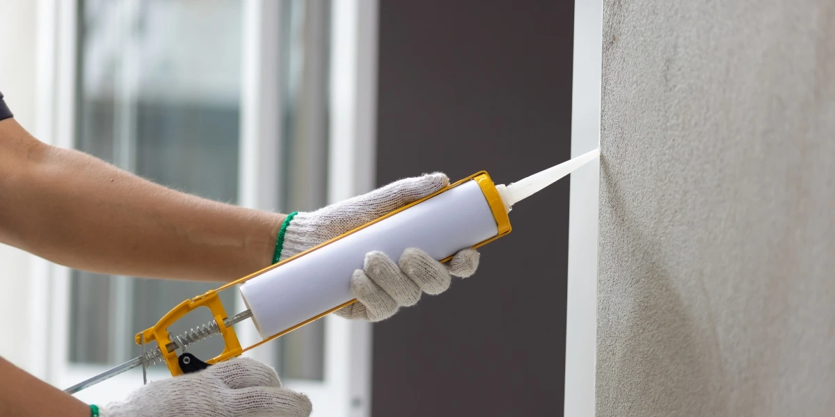 A person silicone sealant caulk on the edges of a window