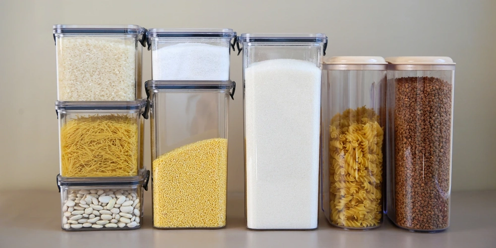 Food products stored neatly in airtight containers