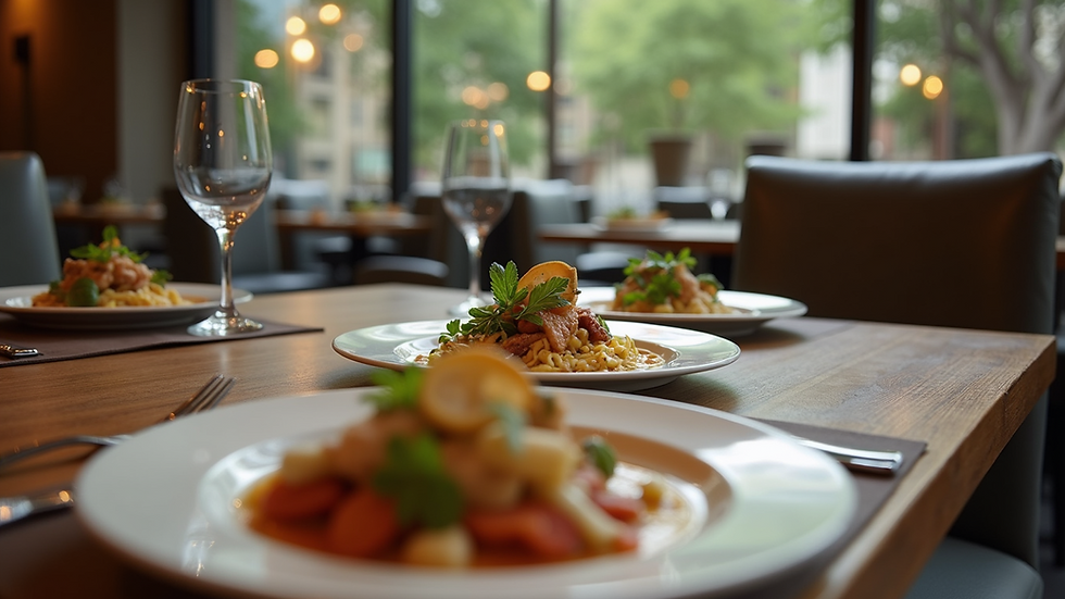 Eye-level view of a restaurant table set with seasonal dishes