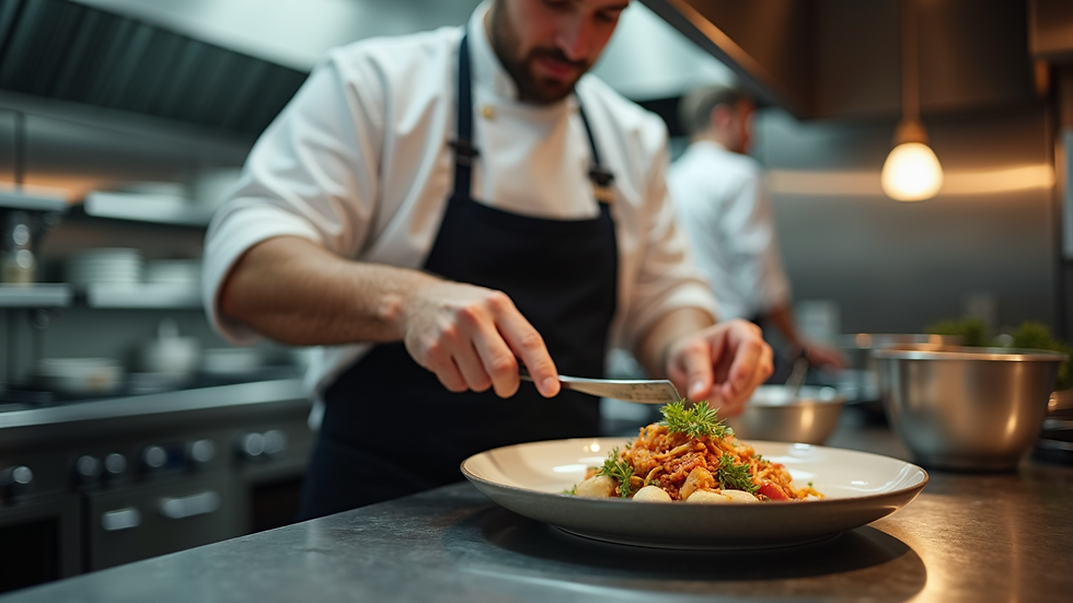 Close-up view of a chef preparing a gourmet dish in a professional kitchen