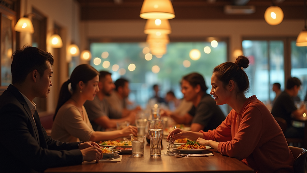 High angle view of a restaurant dining area filled with customers