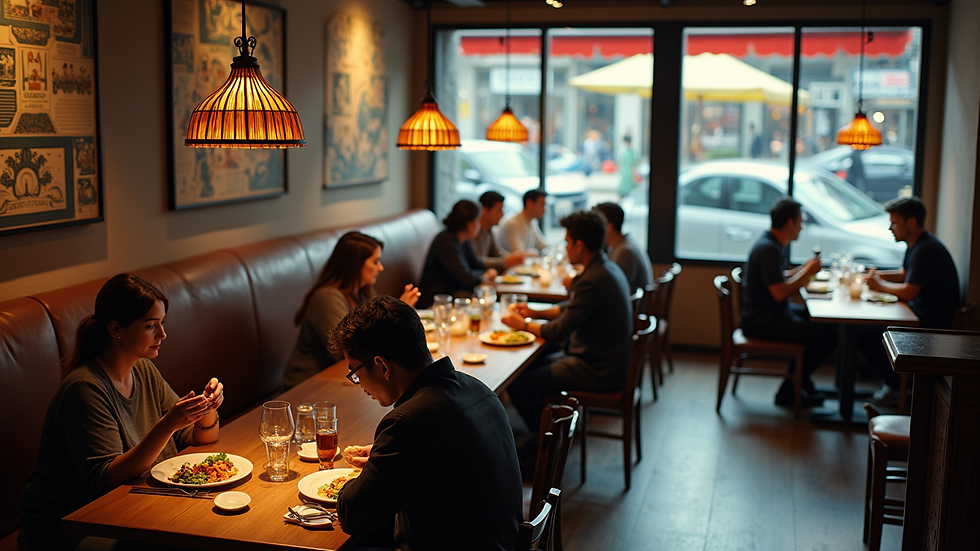 High angle view of a bustling casual dining restaurant with guests enjoying meals