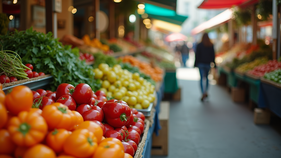 High angle view of a vibrant farmers market with fresh produce
