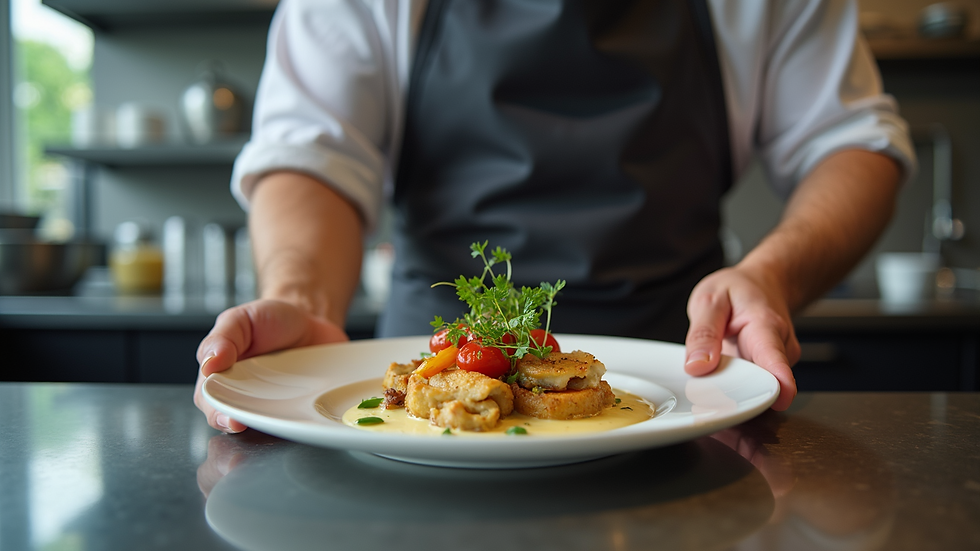 Close-up view of a chef plating a gourmet dish in a professional kitchen