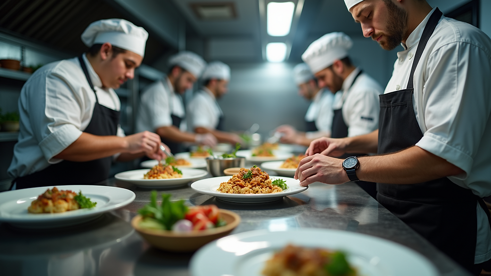 High angle view of a busy professional kitchen with chefs preparing dishes