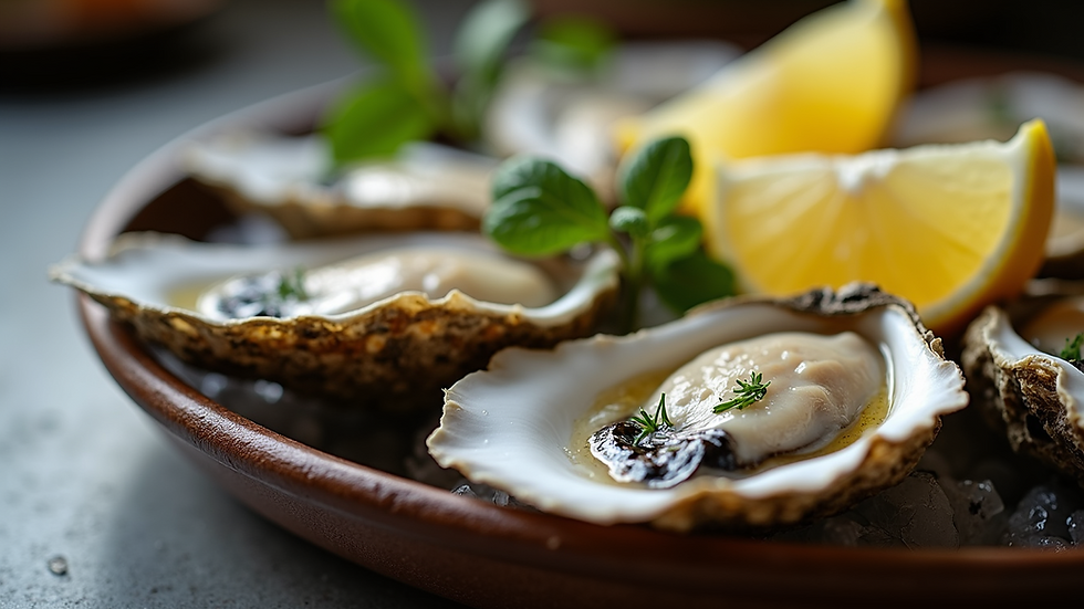 Eye-level view of a rustic seafood platter with fresh oysters and lemon wedges