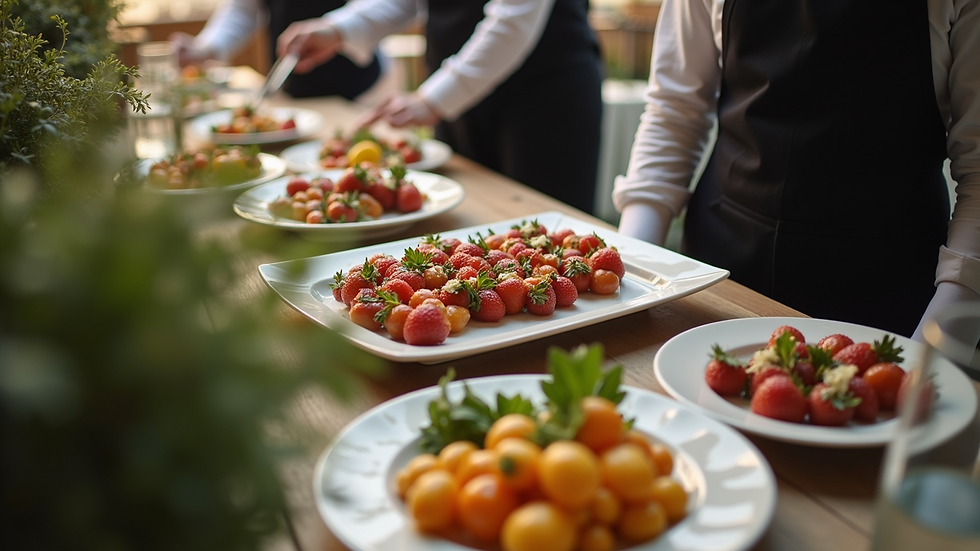High angle view of a catering team setting up a corporate event