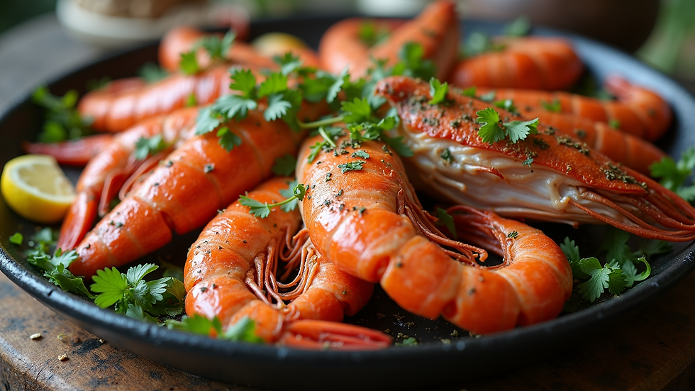 Eye-level view of a rustic seafood platter with fresh local catch