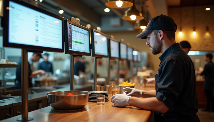 High angle view of a restaurant kitchen with digital order screens and staff working efficiently