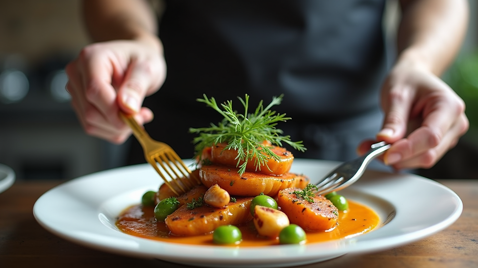 Close-up view of a chef plating a colorful farm-to-table dish in a modern kitchen