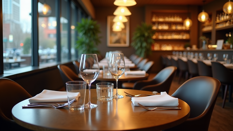 Eye-level view of a modern restaurant dining area with elegant table settings