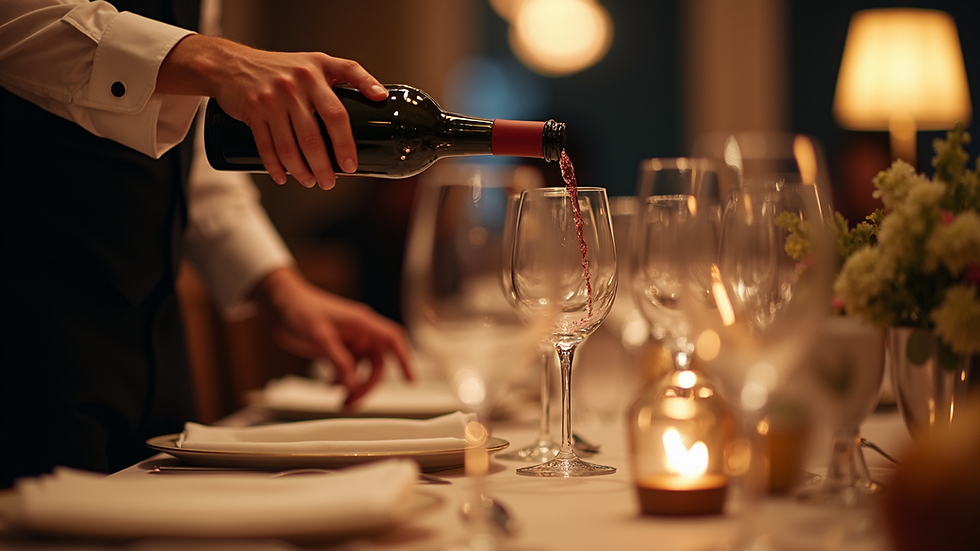 Close-up view of a sommelier pouring wine at a private dining event