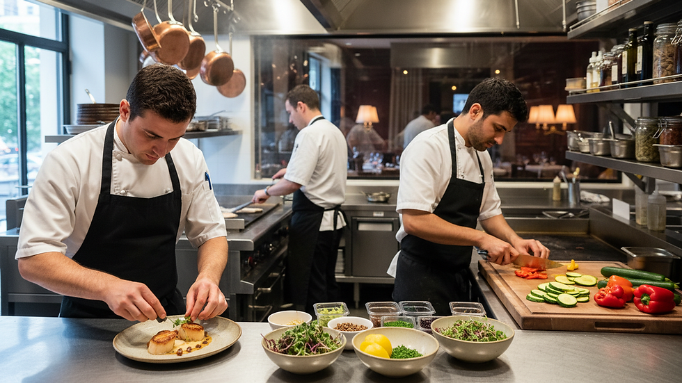Eye-level view of a modern restaurant kitchen with organized stations