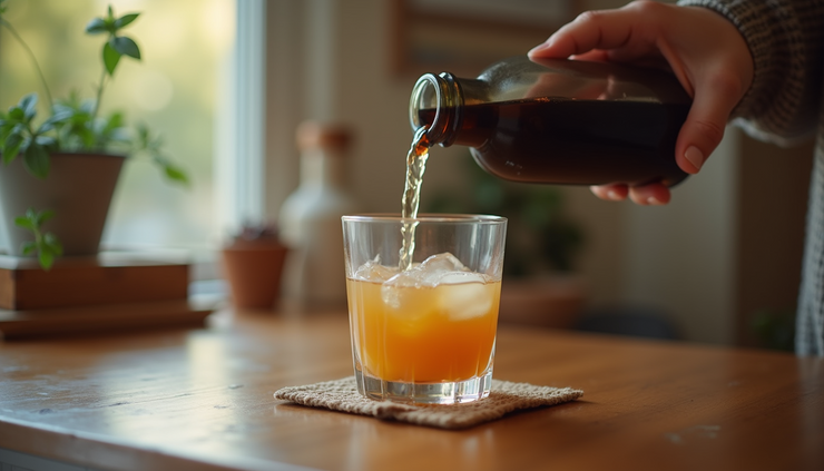High angle view of a person pouring a non-alcoholic drink into a glass at home