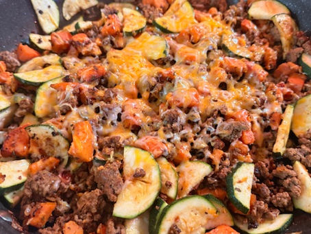 Ground Beef, Zucchinin, and Sweet Potato Skillet.