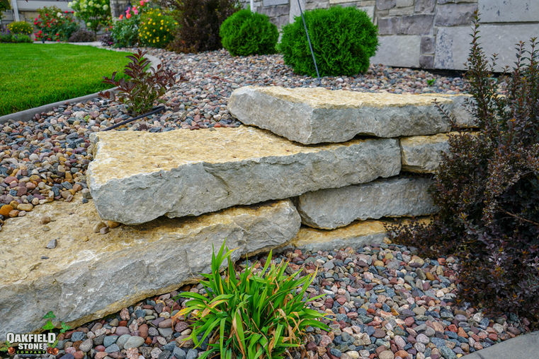 Oakfield Stone's Prairie Outcropping, prairie stone, natural stone, outcropping stone, gold, tan, buff, yellow, oakfield stone company, fond du lac stone, retaining wall stone, natural retaining wall stone, landscape stone, landscaping stone, supply, quarry