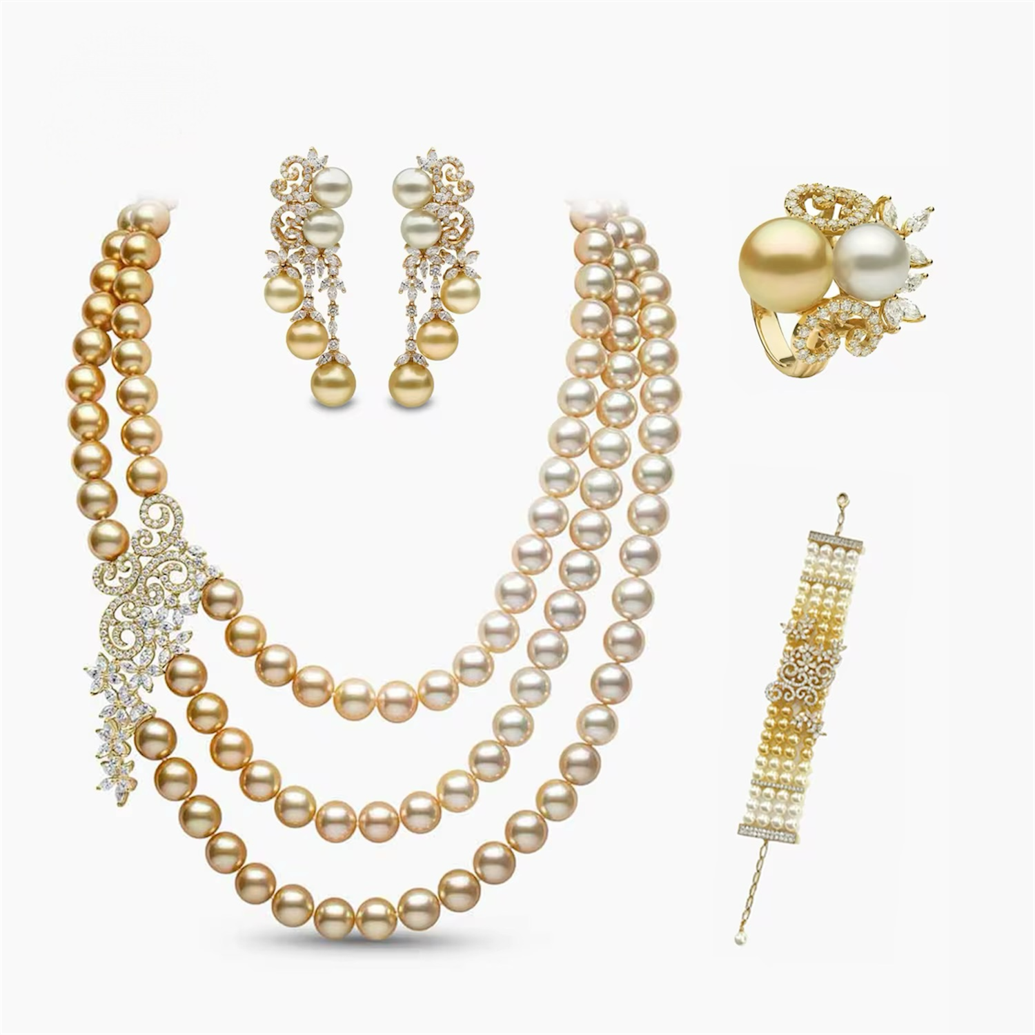طقم لؤلؤ 4 قطع قلادة متوسطة الطول ذهبي أصفر
