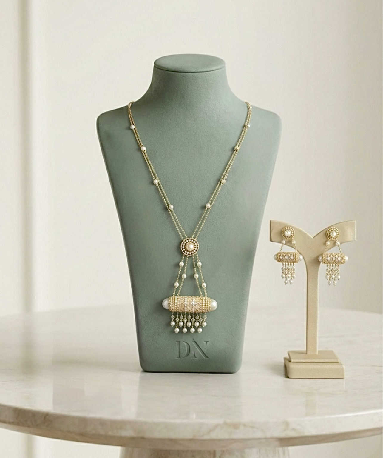 طقم لؤلؤ قلادة +أقراط ذهبي