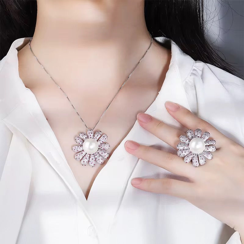 الصورة المصغرة: طقم لؤلؤ أبيض زركون وردي قلادة+خاتم +أقراط