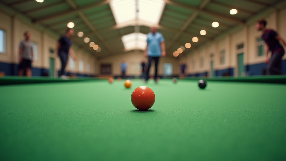Eye-level view of a vibrant indoor bowls green with players in action