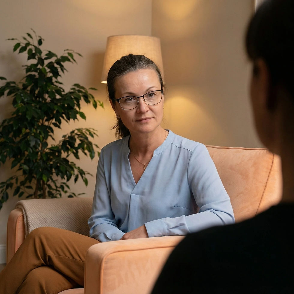 Psychotherapist in session with a client, supporting life transitions and personal change in a calm setting