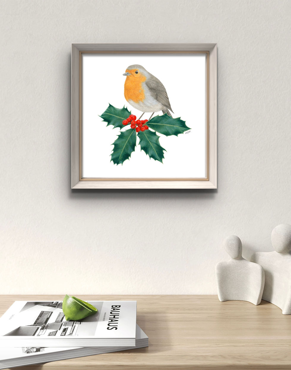 A mockup of a Robin Portrait framed and hung on the wall