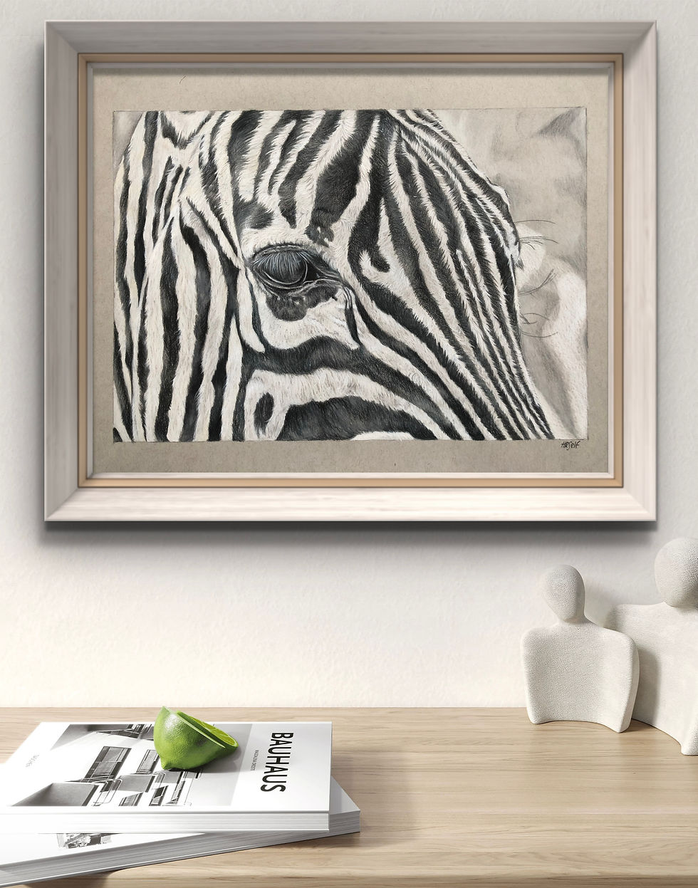 A mockup of a Zebra Artwork framed and hung up on the wall