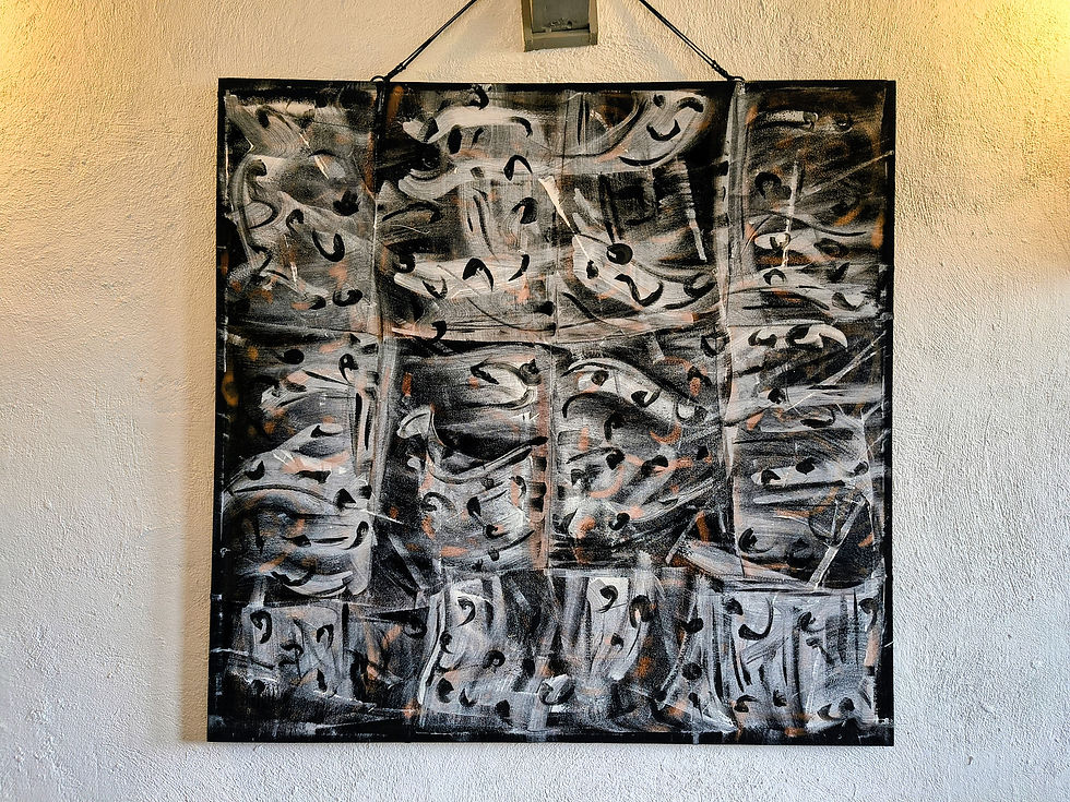 Faces, a recycled materials artwork by Christina Betke, painted on old T-shirts stretched over a self-built canvas.