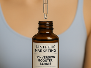 A close-up of a single hand holding an amber glass serum bottle labeled "Aesthetic Marketing" with a dropper suspended above it. The label features bold black text listing phrases like “Conversion Booster Serum,” “Scalable Growth,” “Patient Journey Optimiser,” and “Lead Magnet Elixir.” The background is softly blurred, with a person wearing a light blue top partially visible, creating a clean, professional, and elegant aesthetic.