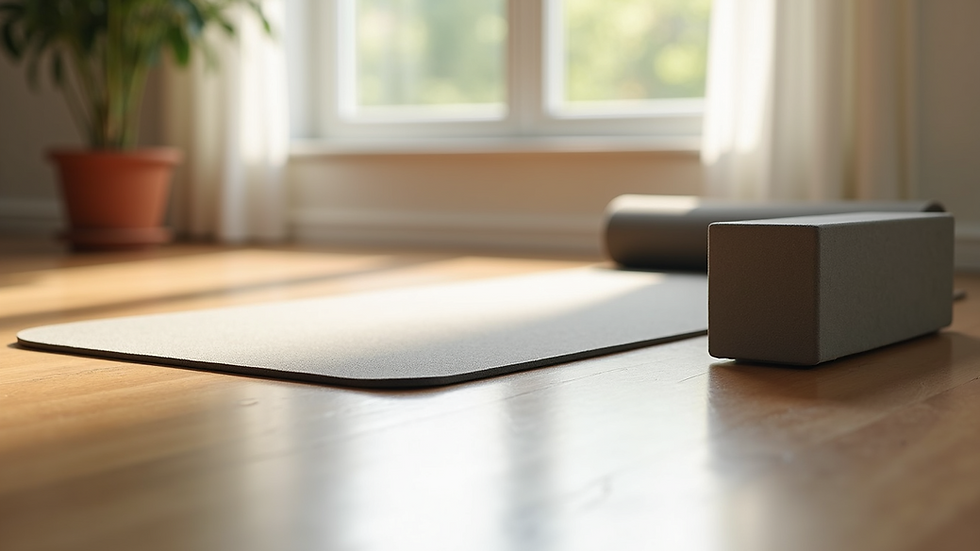 Close-up view of a yoga mat and block on wooden floor in a bright room