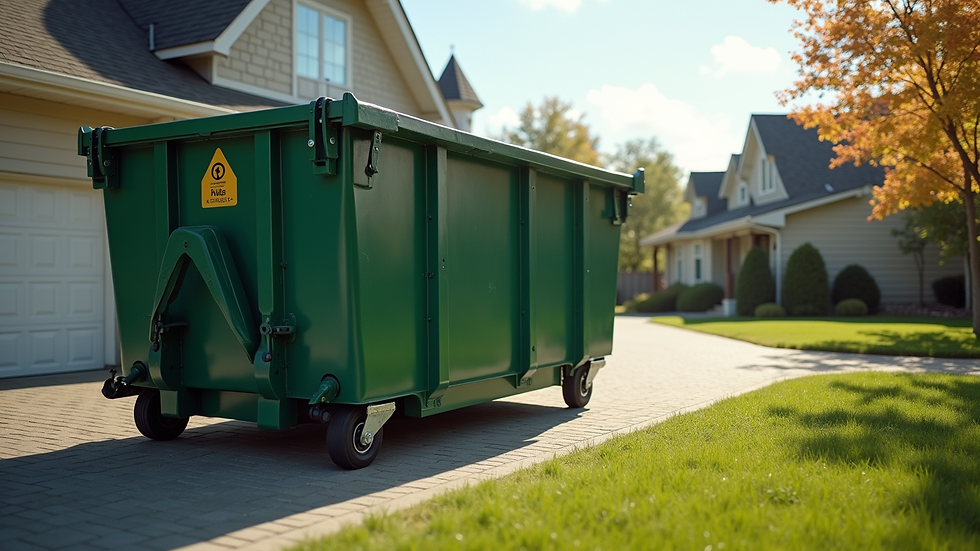 Eye-level view of a 15-yard dumpster parked in a residential driveway
