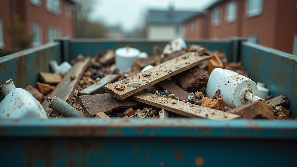 Close-up view of a dumpster filled with household junk and debris