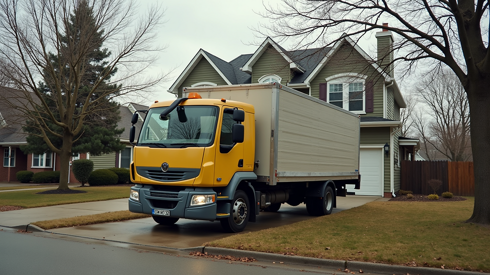 Wide angle view of a junk removal truck parked in front of a home