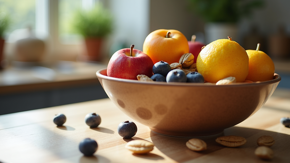 Eye-level view of a colorful bowl of fresh fruit and nuts on a kitchen counter