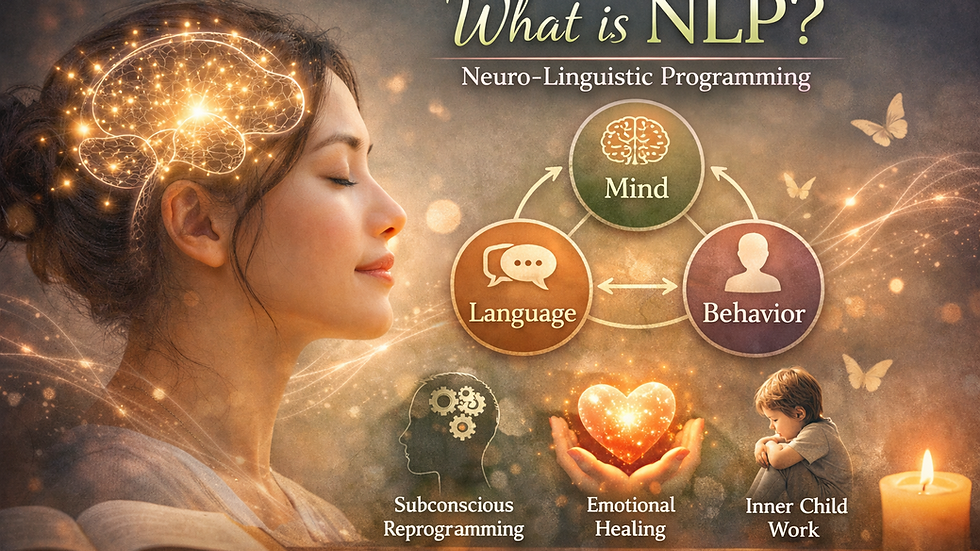 Woman with closed eyes, glowing brain diagram. Text: "What is NLP?". Concepts: Mind, Language, Behavior, Subconscious, Healing. Warm tones.