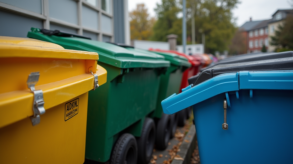 High angle view of multiple dumpster sizes lined up for rental