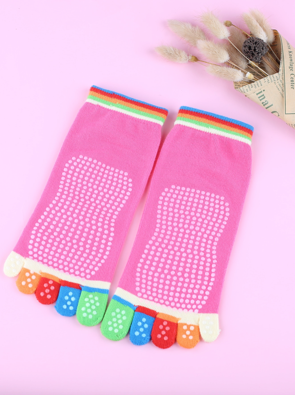 Thumbnail: Yoga Pilates Grip Socks Small/Medium Hot Pink with Multi-Color Toes