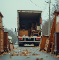 Moving truck loaded with furniture, hauling items down the road, Pro Haul Systems junk removal and dumpster rentals