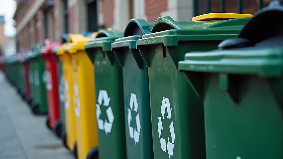 Eye-level view of commercial recycling bins arranged neatly outside a business