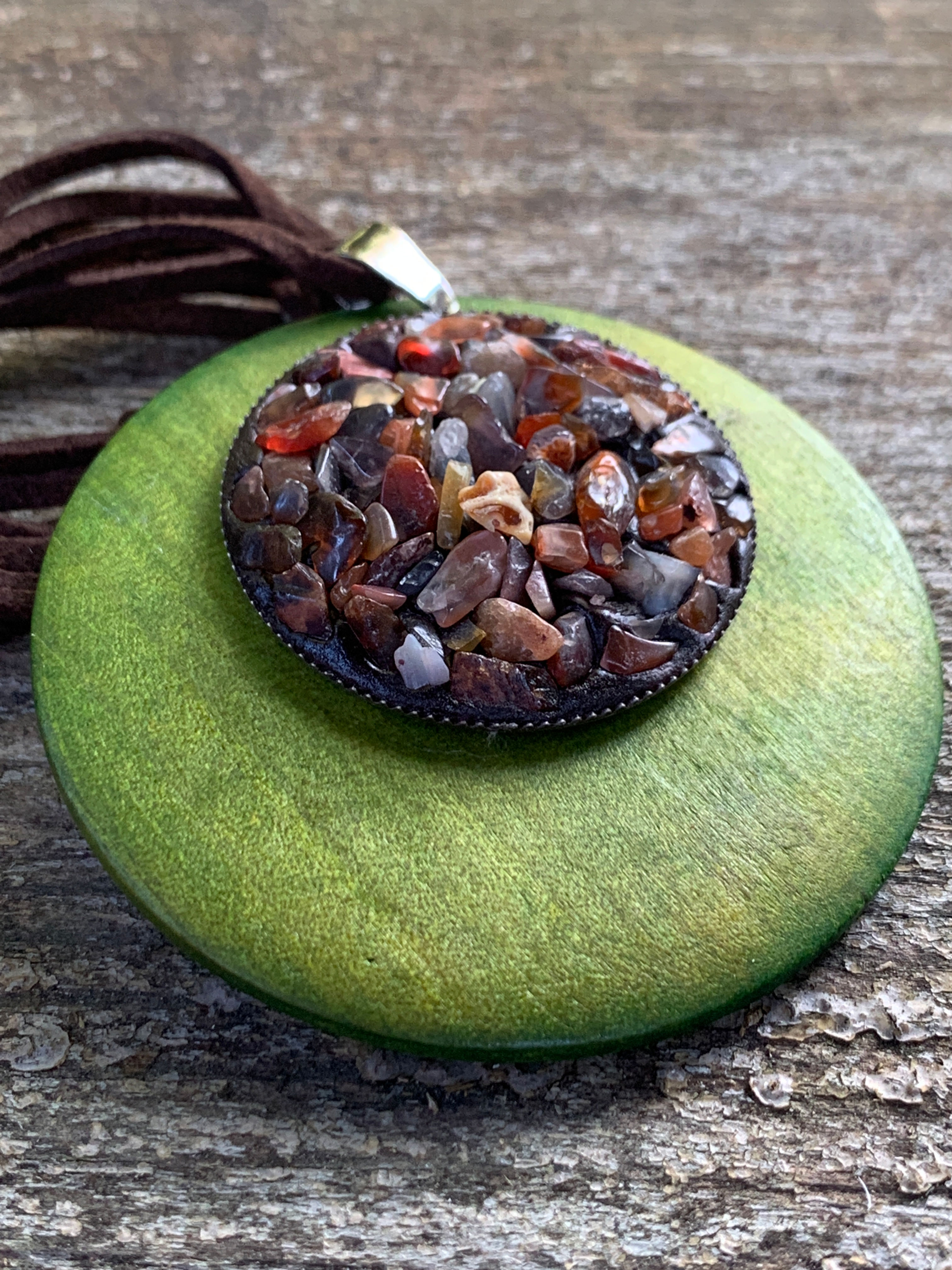 Vintage Statement Jewelry Necklace Wood Pendant Green