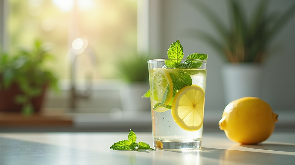 Eye-level view of a glass of infused water with lemon and mint on a kitchen counter