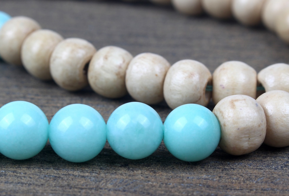 Miniatura: 108 Bead Wooden Mala Necklace with Long AquaTassel