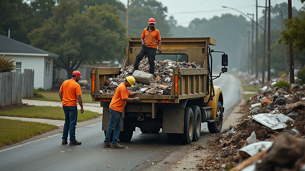 High angle view of a clean-up crew loading junk into a truck in Brevard County