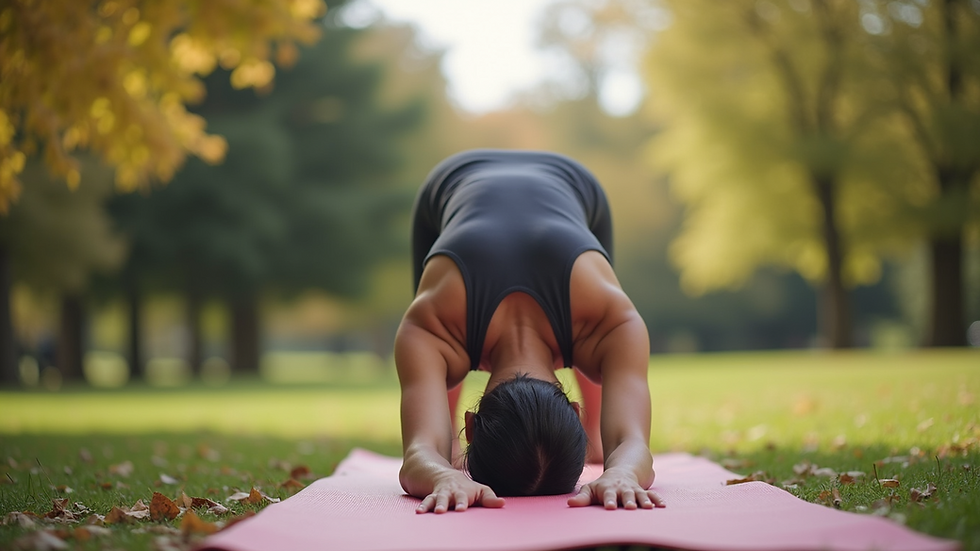 Eye-level view of a person in Downward Facing Dog pose on a yoga mat outdoors