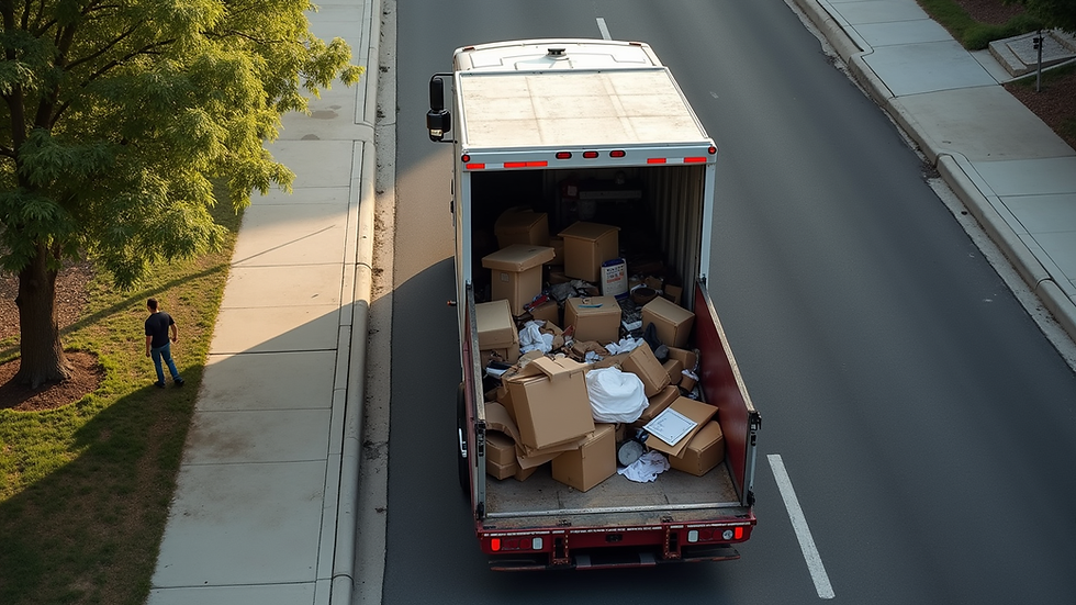High angle view of a junk removal truck being loaded with household items